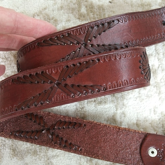 B-Low the Belt Tooled Leather Lacing Belt with Buckle Western Cowgirl 34 Brown - Picture 8 of 16